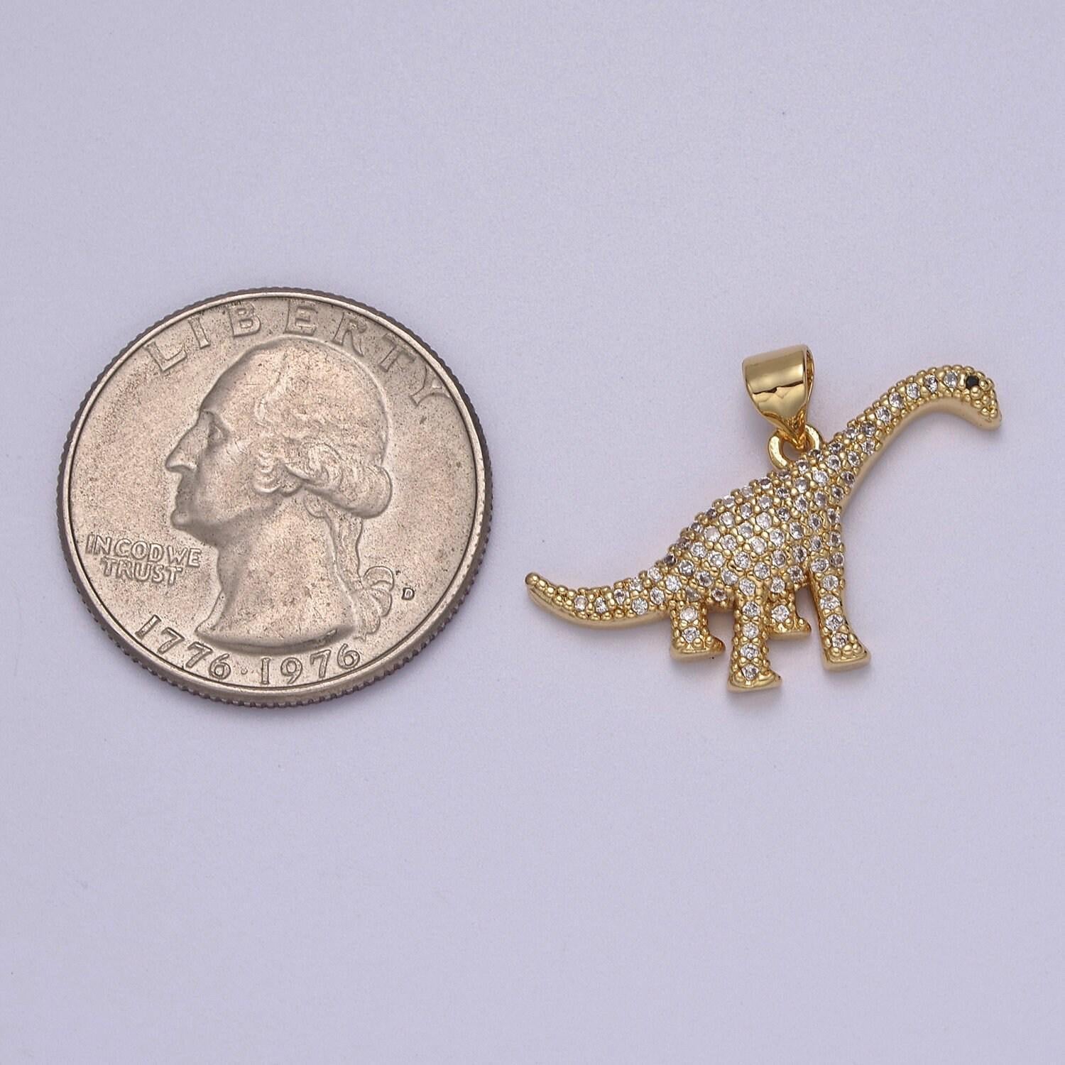 Gold dinosaur charm necklace brontosaurus necklace pendant cubic zirconia dino gold filled fidning gift idea cute tiny dinosaur pendant