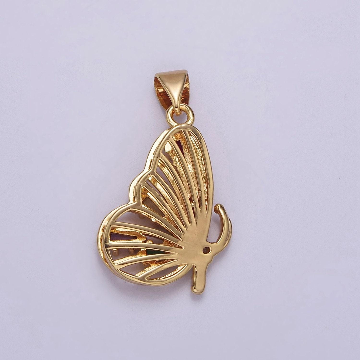 24k gold filled mariposa butterfly pendant with baguette cubic zirconia cz wings, j-340