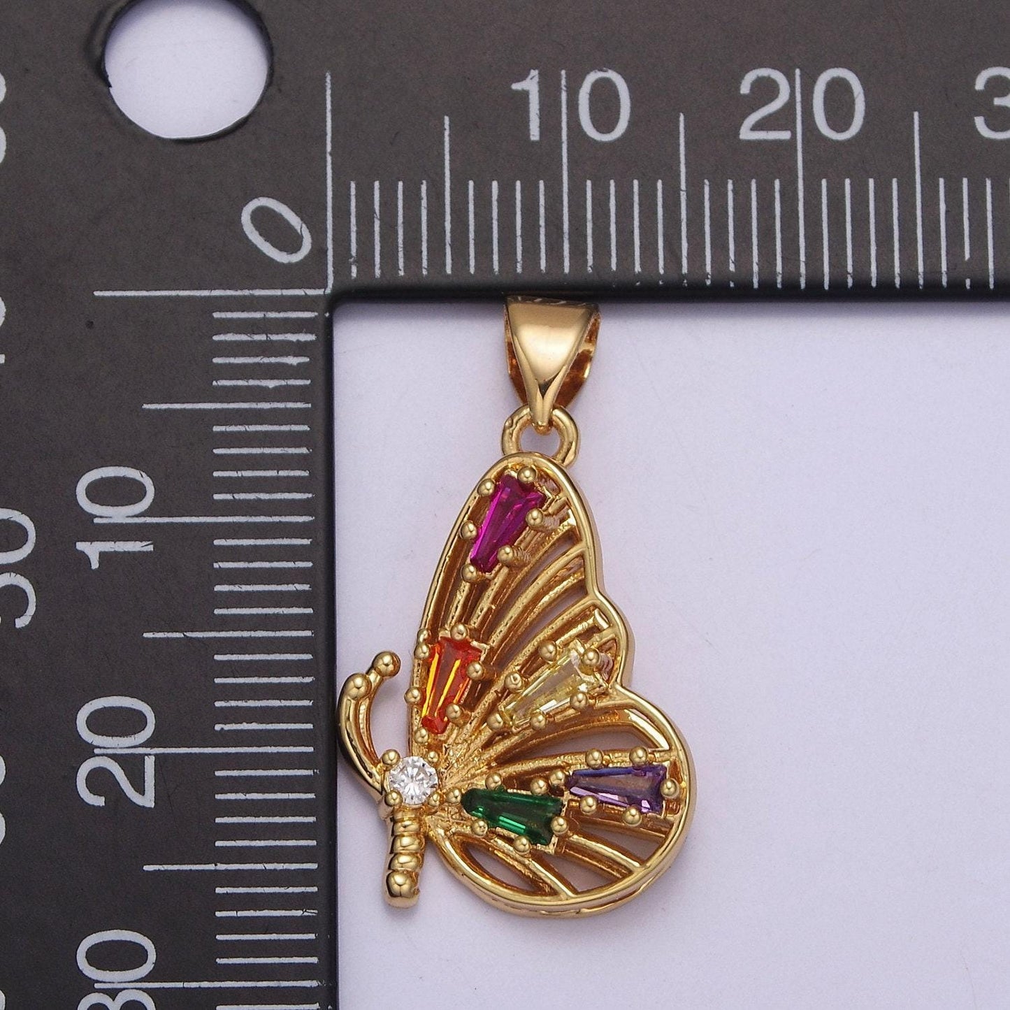 24k gold filled mariposa butterfly pendant with baguette cubic zirconia cz wings, j-340