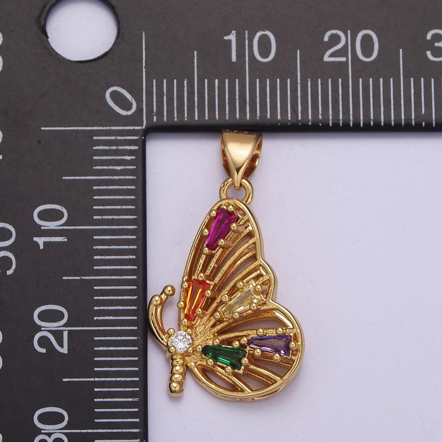 24k gold filled mariposa butterfly pendant with baguette cubic zirconia cz wings, j-340