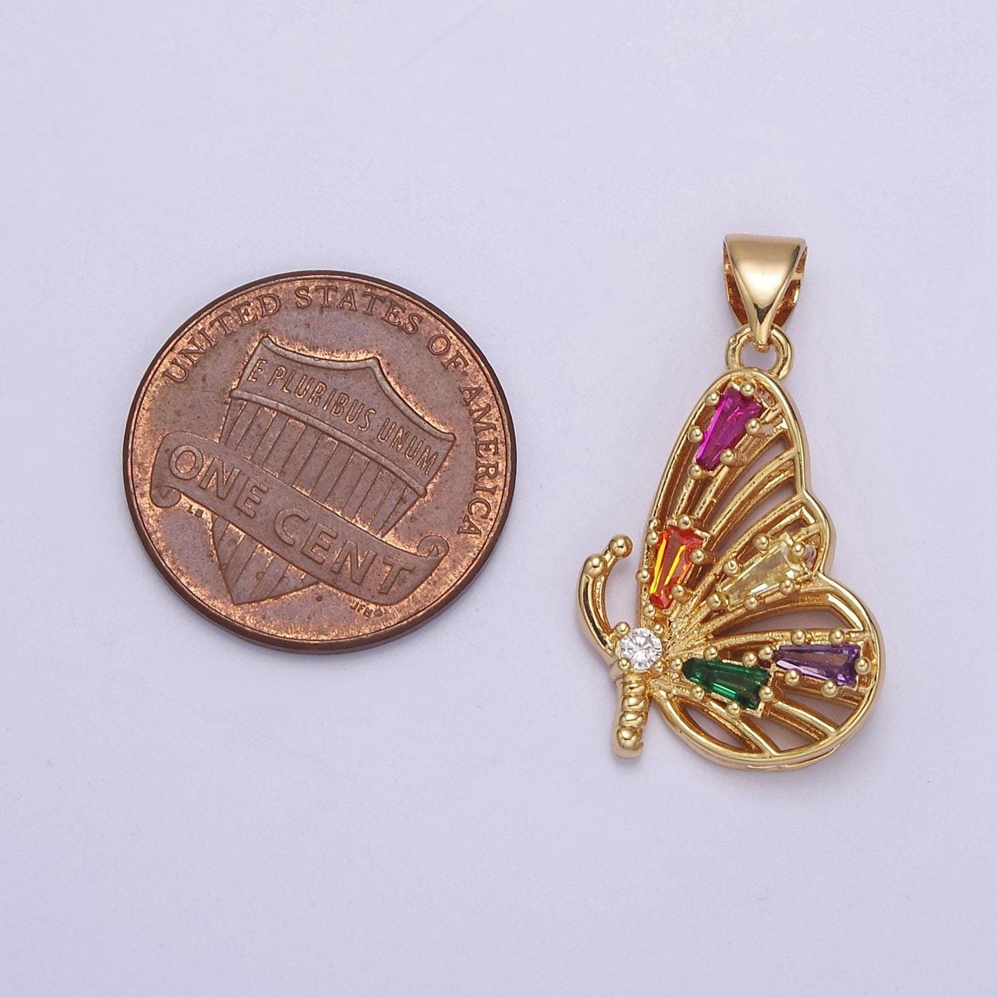 24k gold filled mariposa butterfly pendant with baguette cubic zirconia cz wings, j-340