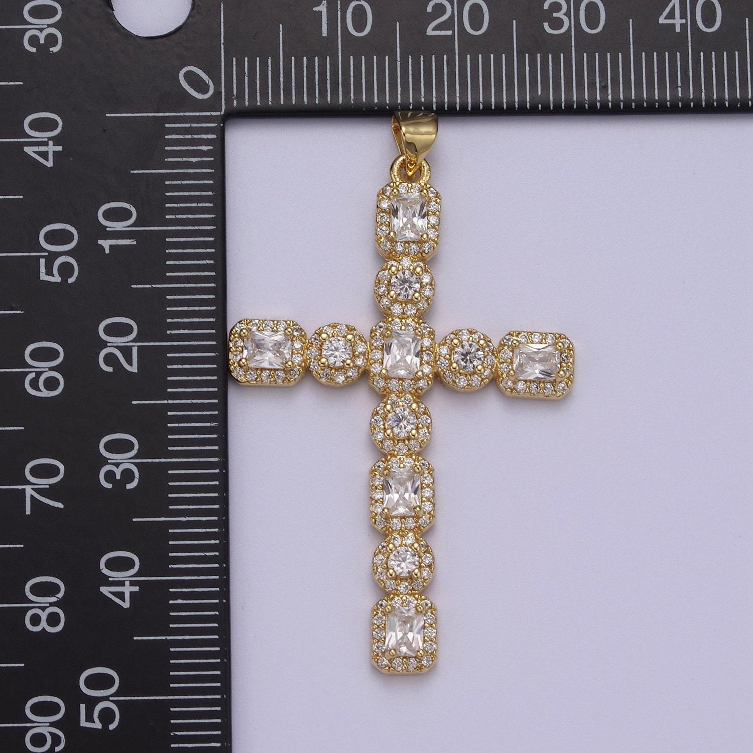 Big cz long gold cross pendant, gold filled cross cz charm, cubic zirconia cross, religious jewelry, rosary pendant j-338
