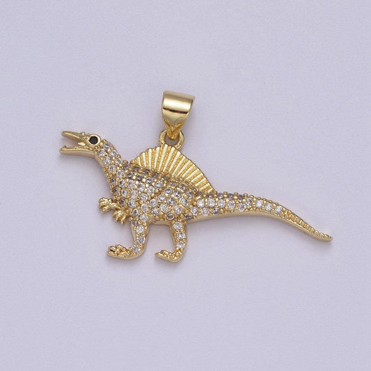 Dinosaur pendants in gold, spinosaurus charm dino jewelry in clear cubic zirconia j-334