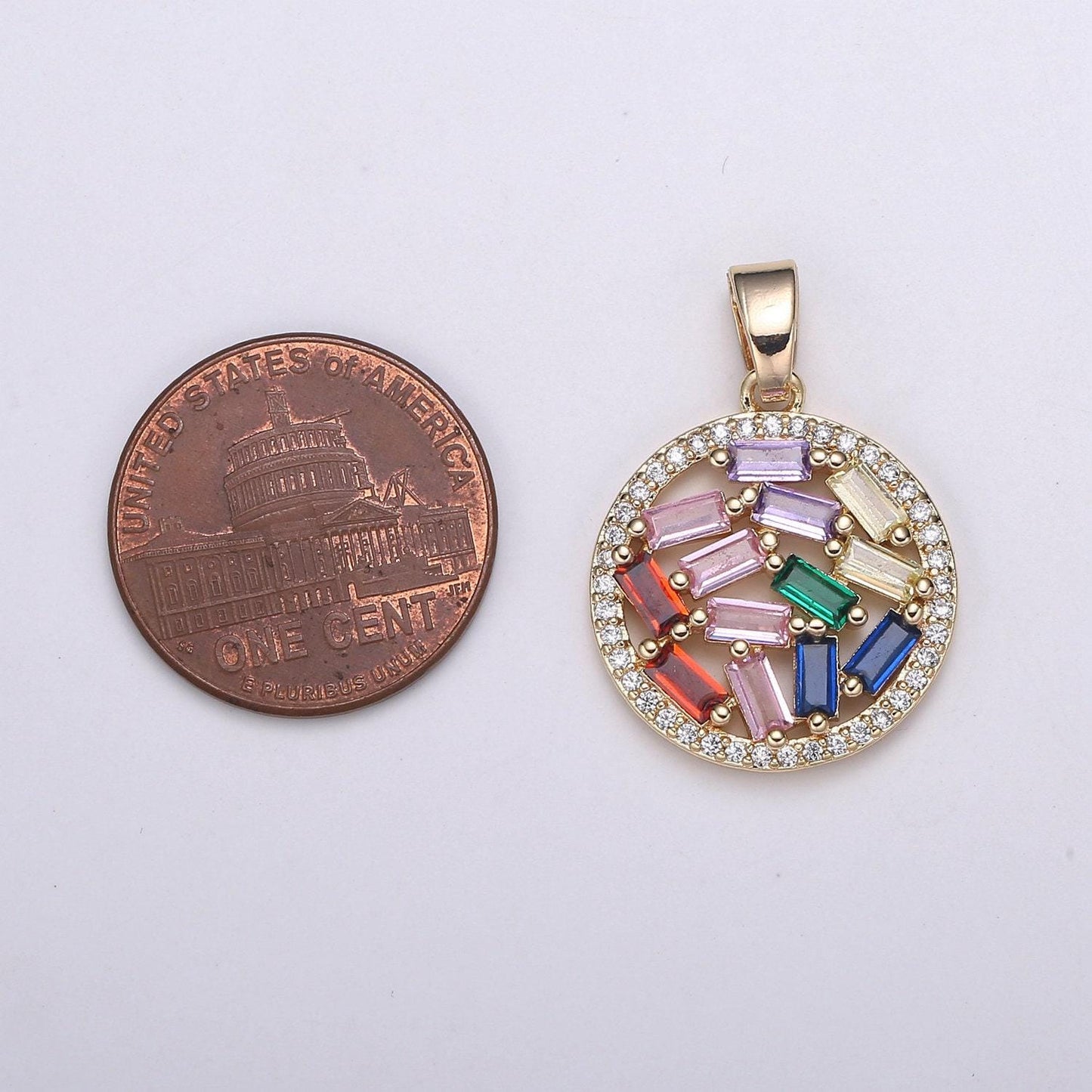 26x18mm 18k rose gold round charms, multi color baguette cz pendant, pave cz circle charm for minimalist jewelry supply, j-285
