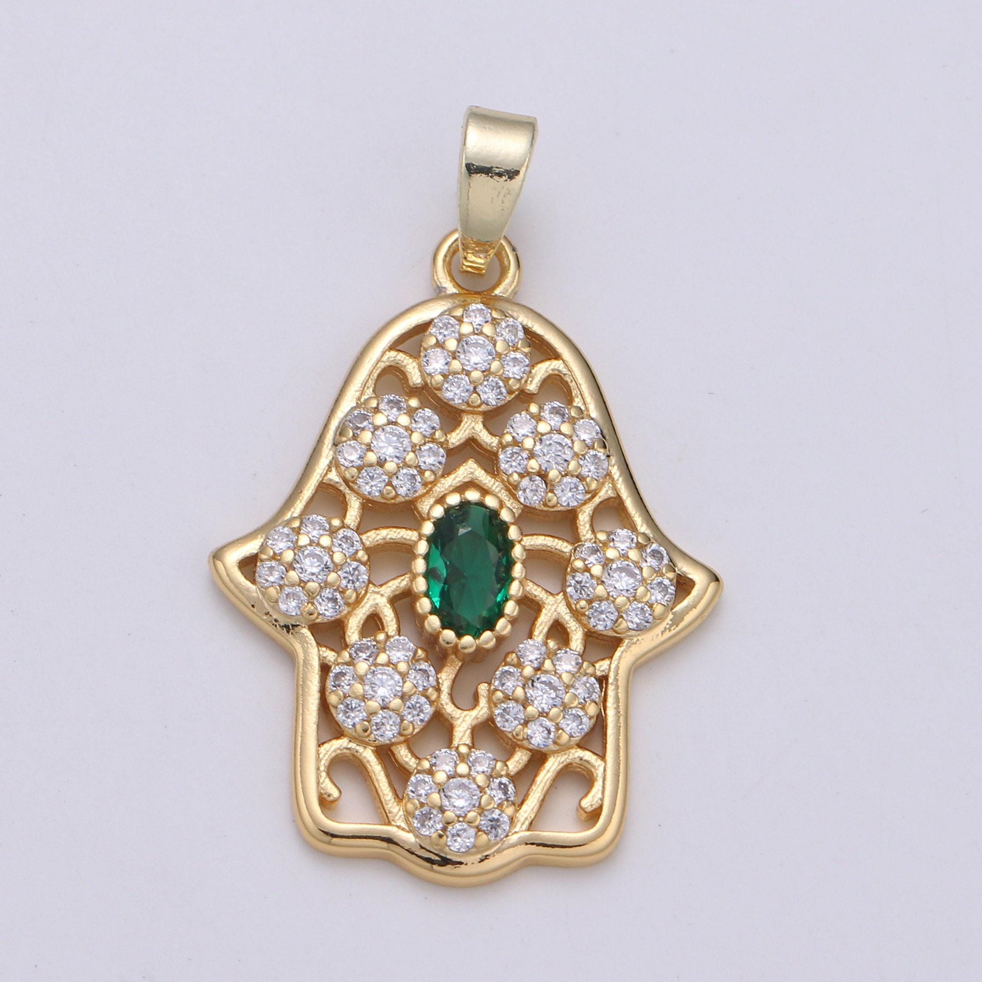 Dainty hamsa hand 14k gold filled cz hamsa charm, micro pave cubic green emerald hamsa hand charm for necklace bracelet component j-267