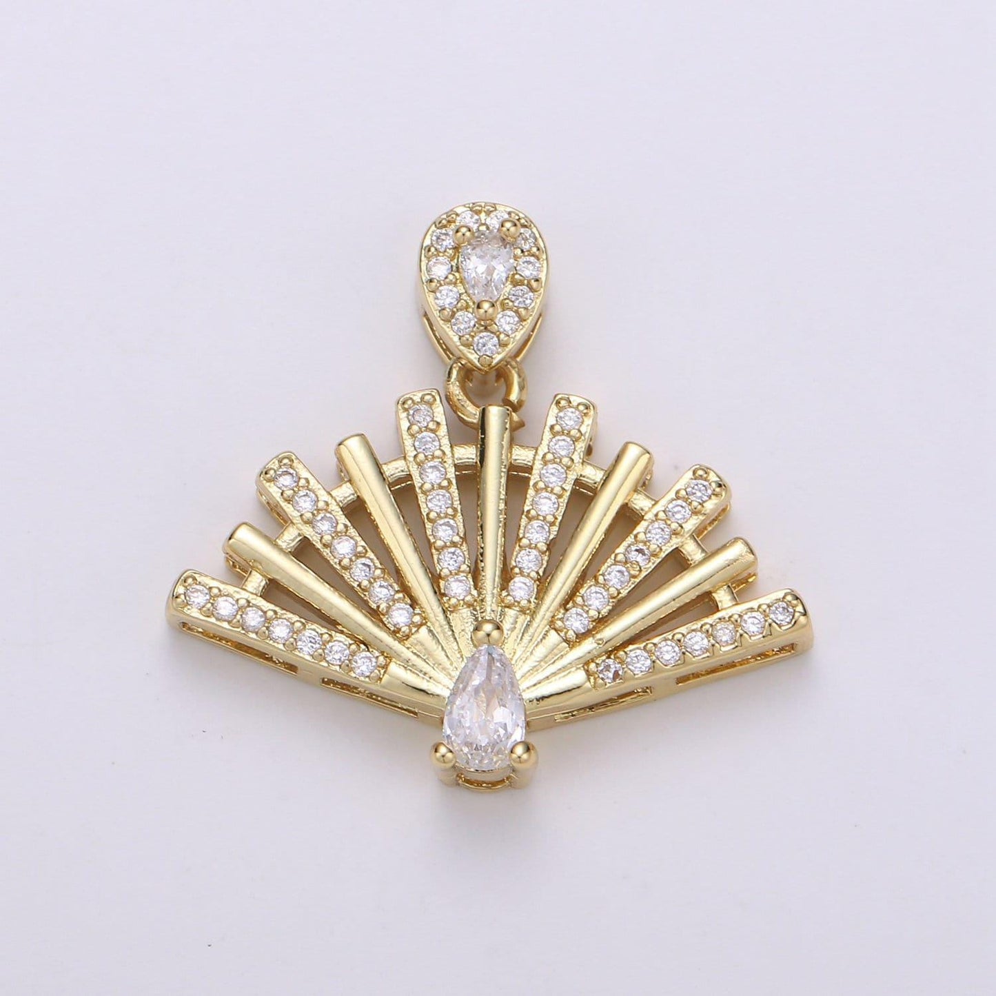 Peacock 24k gold filled micro pave pendant cubic zirconia hand fan pendant charm, pear shape cut zirconia charm for diy jewelry pdgf-002019