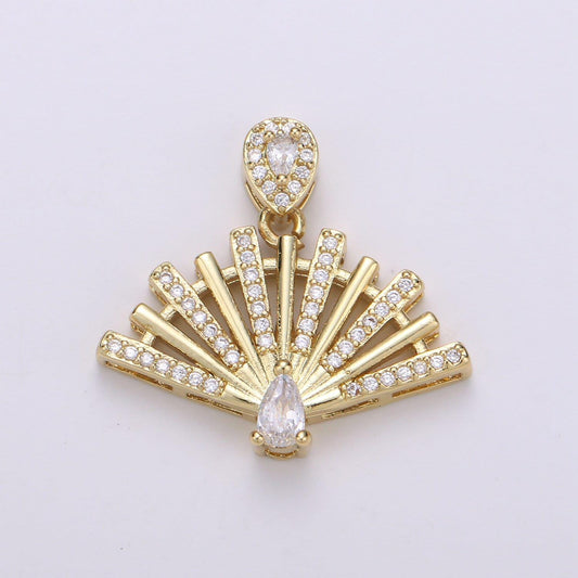 Peacock 24k gold filled micro pave pendant cubic zirconia hand fan pendant charm, pear shape cut zirconia charm for diy jewelry pdgf-002019