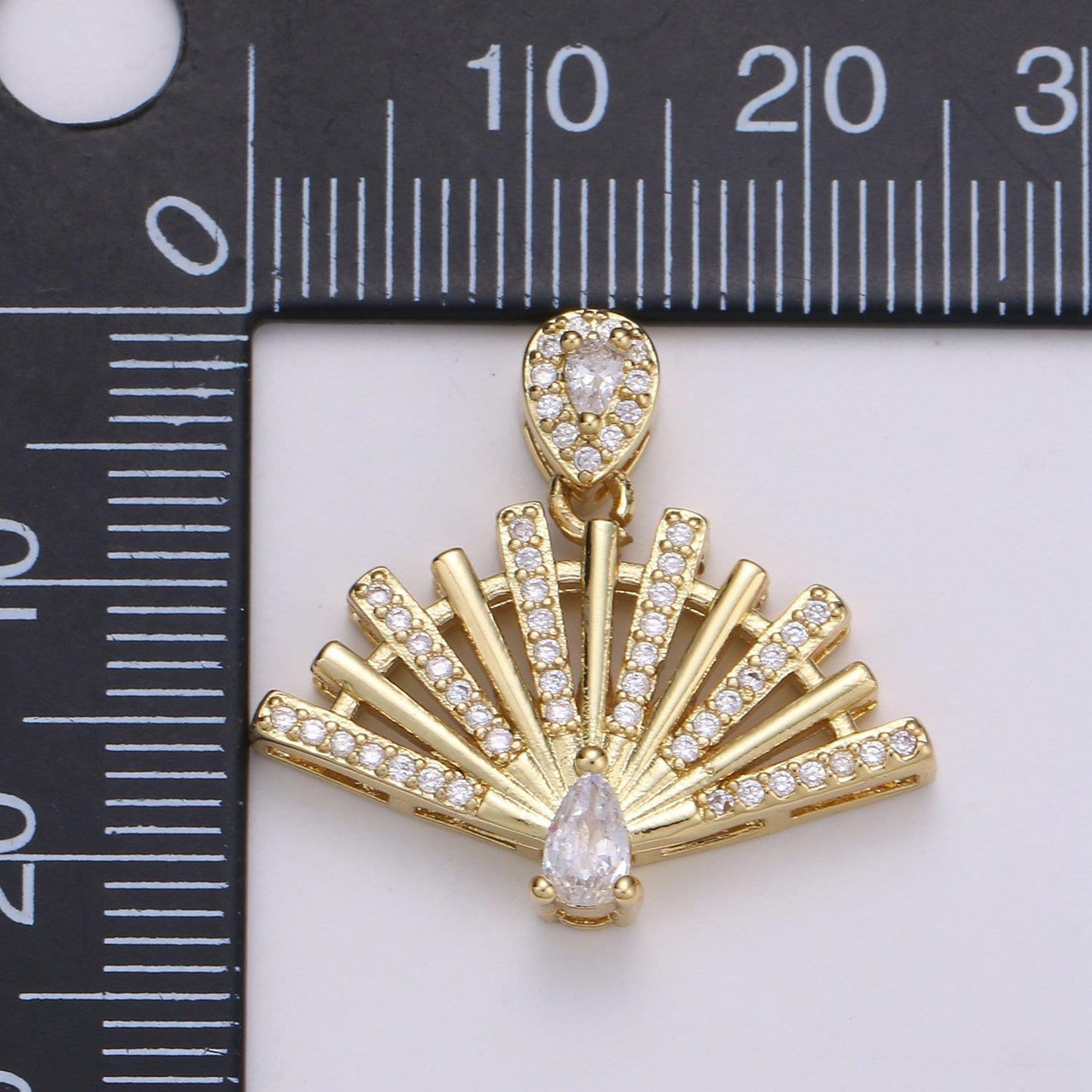 Peacock 24k gold filled micro pave pendant cubic zirconia hand fan pendant charm, pear shape cut zirconia charm for diy jewelry pdgf-002019