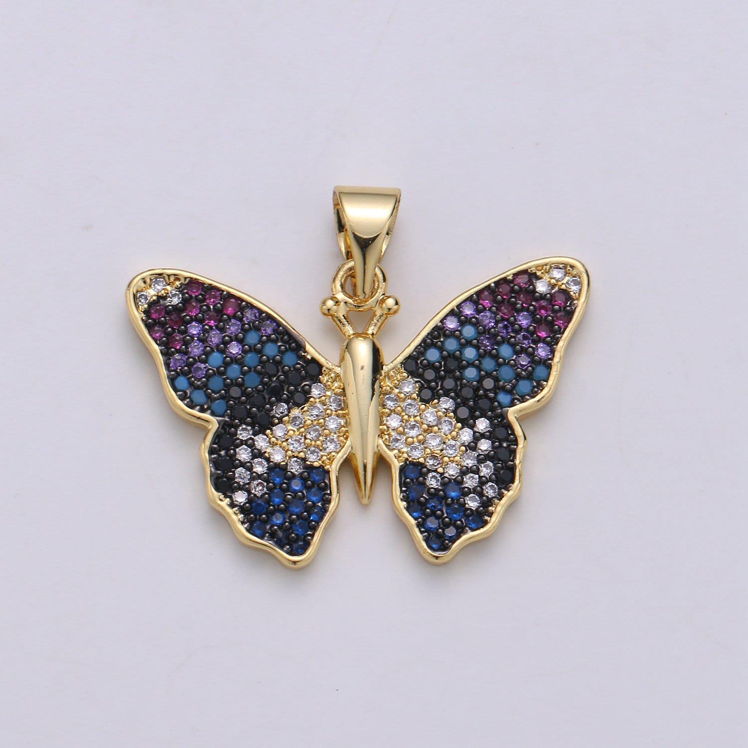 Blue gradation butterfly micro pave 24k gold pendant, cubic zirconia butterfly pendant charm connector, for diy jewelry pdgf-002000