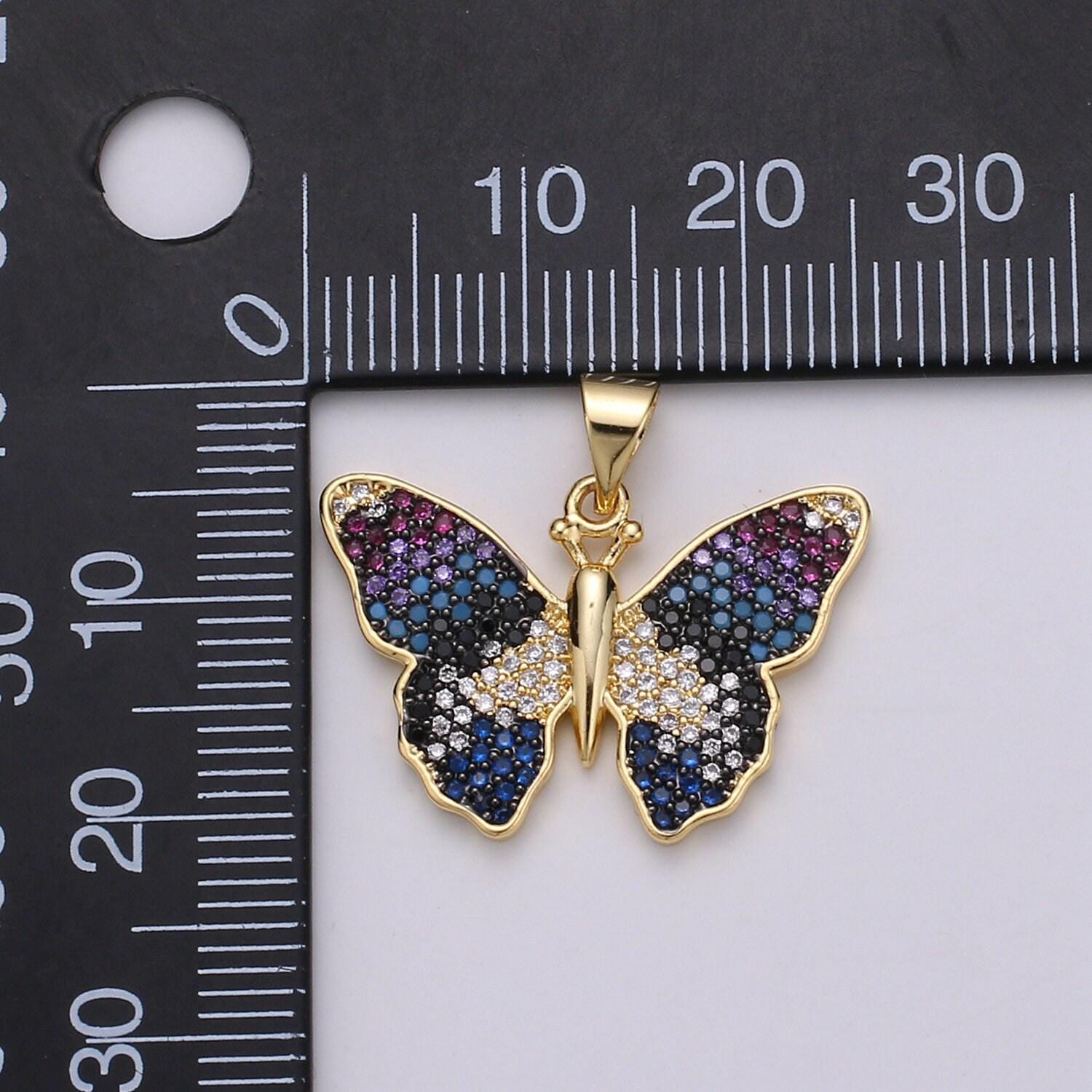 Blue gradation butterfly micro pave 24k gold pendant, cubic zirconia butterfly pendant charm connector, for diy jewelry pdgf-002000