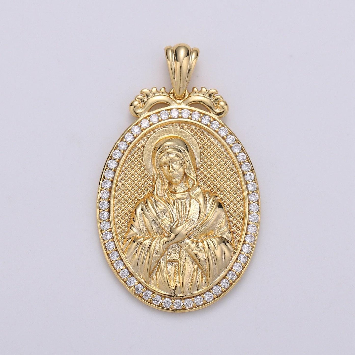 Del- gold filled holy mary lady of guadalupe gold oval with cubic zircon crystal pendants j-120