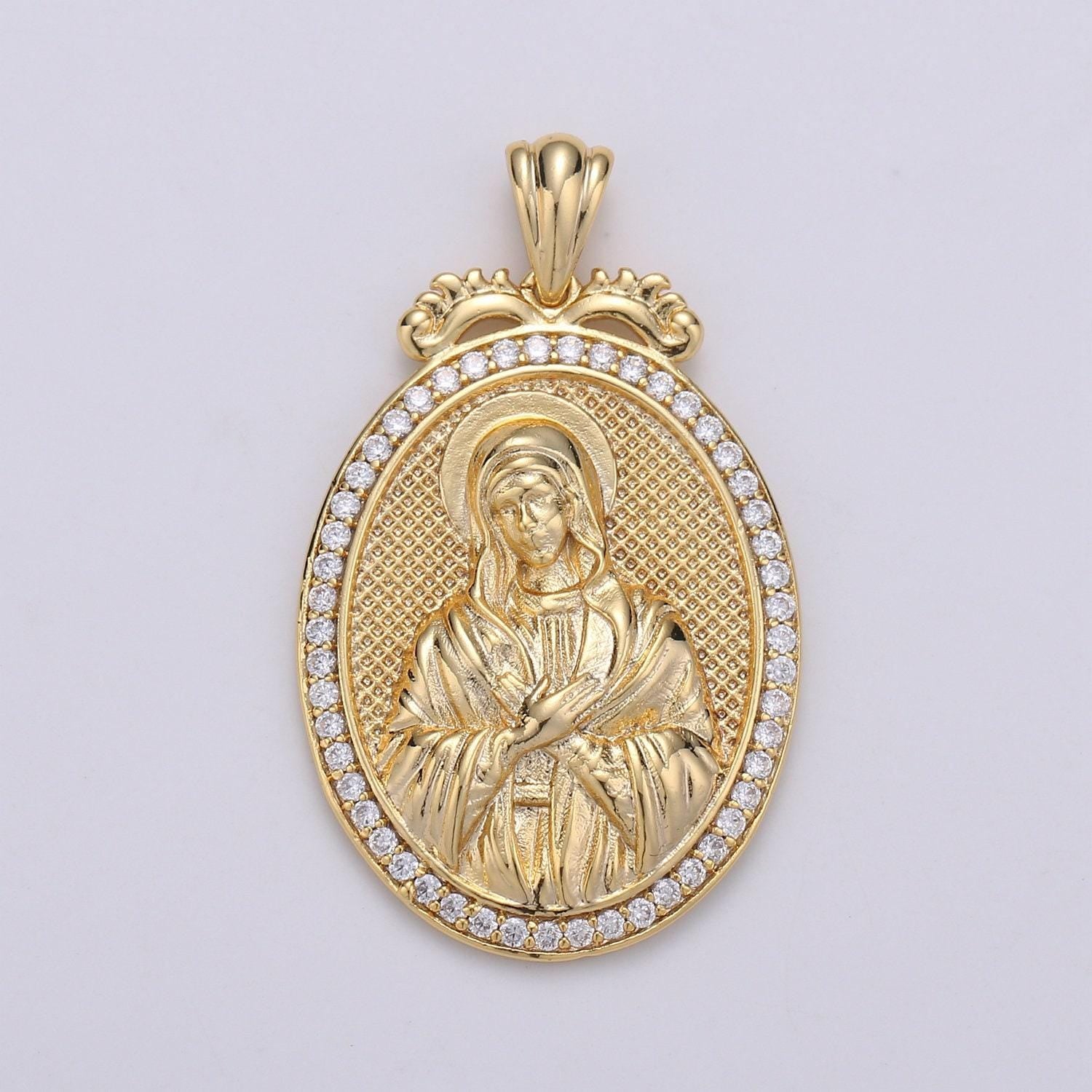 Del- gold filled holy mary lady of guadalupe gold oval with cubic zircon crystal pendants j-120