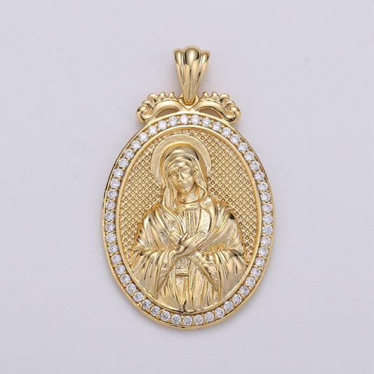 Del- gold filled holy mary lady of guadalupe gold oval with cubic zircon crystal pendants j-120