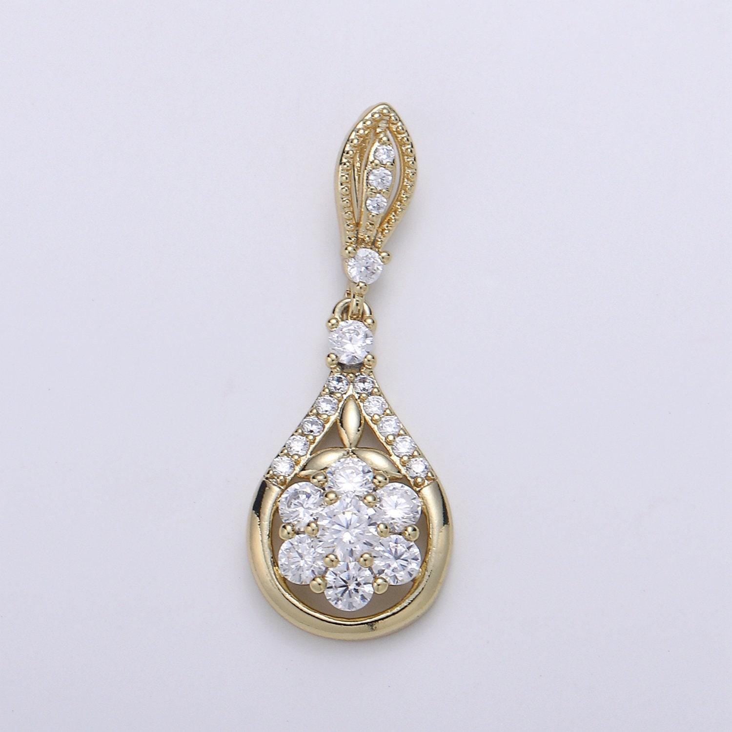 Pear shape design 14k gold charm, micro pave charm, cluster cz pendant charm, waterdrop cubic zirconia charm, pdgf-1966