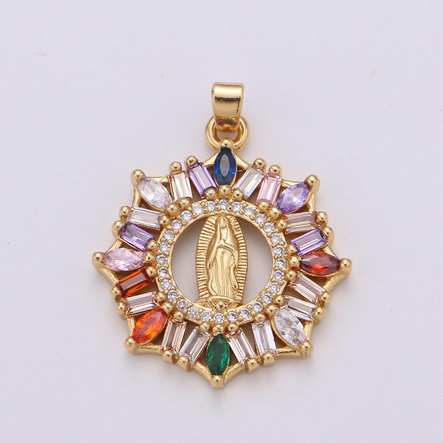 Rainbow cz virgin mary pendant, lady guadalupe baguette charm, mother of jesus medallion, rosary charm religious jewelry j-088 i-882