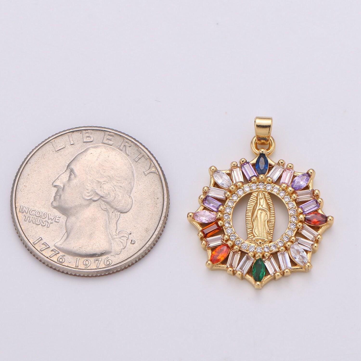 Rainbow cz virgin mary pendant, lady guadalupe baguette charm, mother of jesus medallion, rosary charm religious jewelry j-088 i-882
