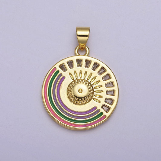 Gold rainbow medallion pendant round disc celestial jewelry for necklace earring charm j-069
