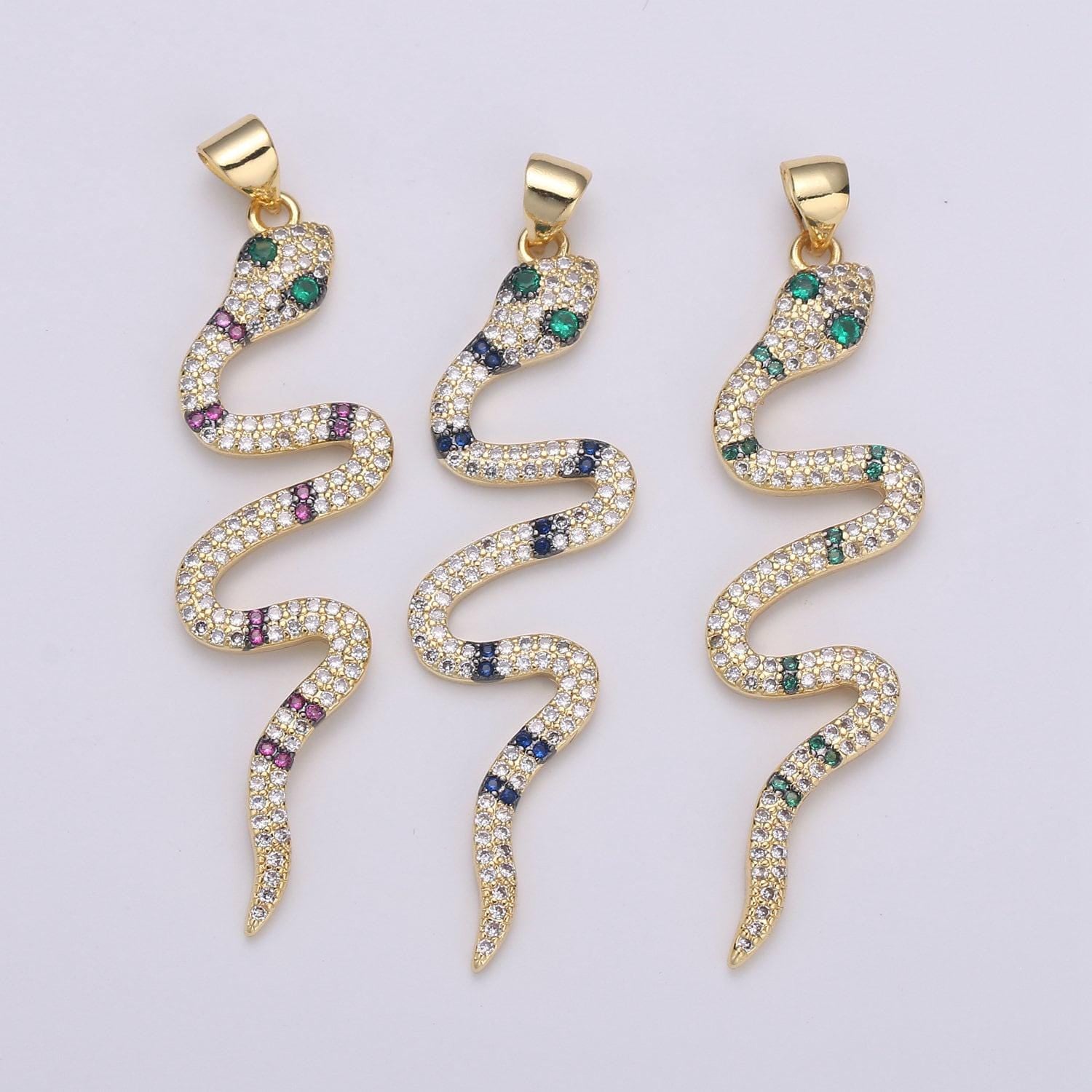 Green cz 14k gold filled snake charm, micro pave snake pendant charm, gold filled charm, serpent animal jewelry dangle charm i-905~i-907