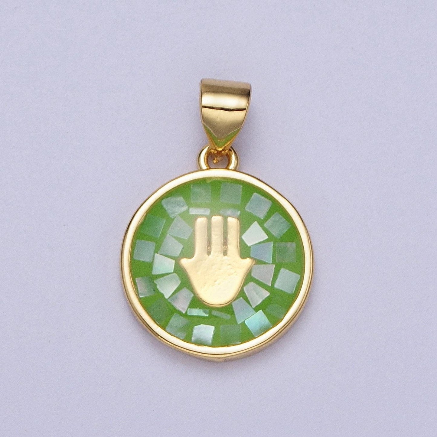 Gold hamsa hand white, pink, green, teal shell opal round pendant h-807 i-760 i-792 i-828
