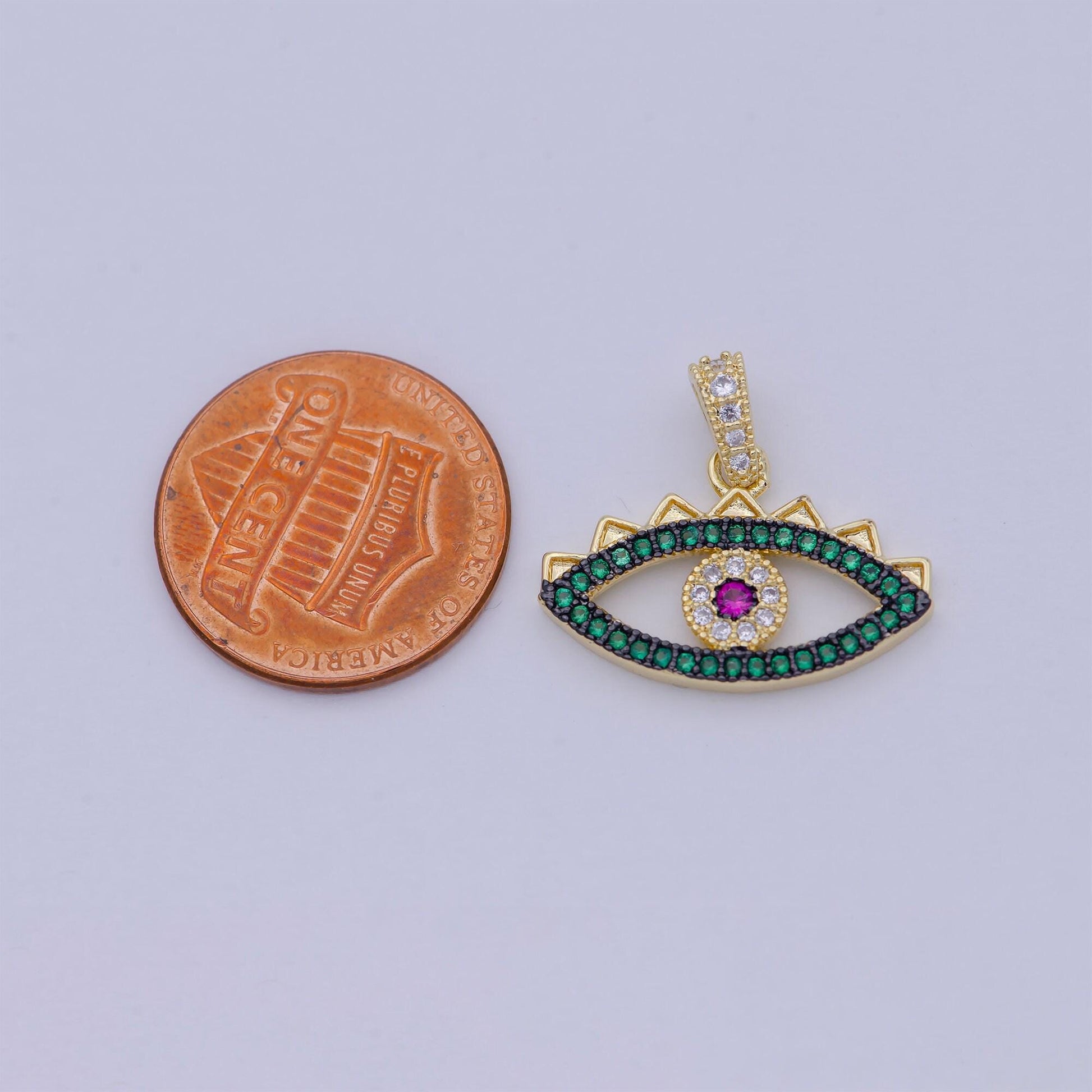 Green micro pave evil eye charm cubic eye of ra necklace earring charm in 24k gold filled for necklace bracelet component supply i-774