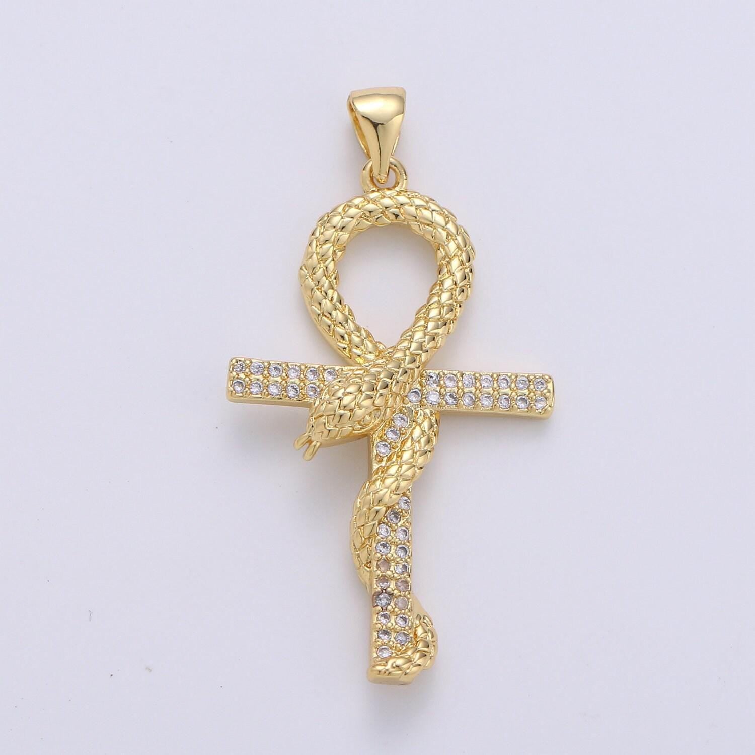 14k gold filled ankh, symbol of life, egyptian pantheon, crux ansata, cubic serpent necklace pendant charm gold snake cross pendant i-723