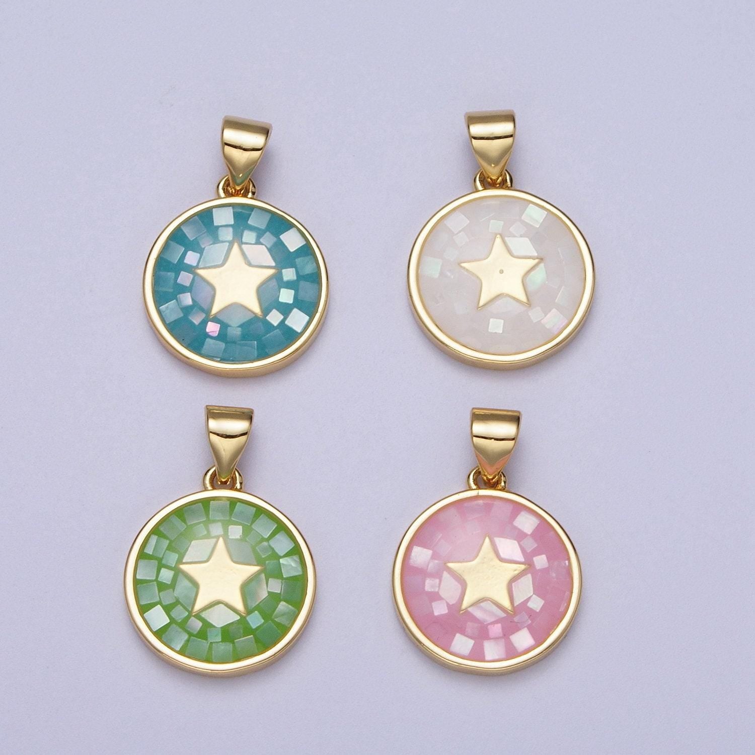 Dainty pink, green, blue white shell star pendant for celestial jewelry making supply in 24k gold filled