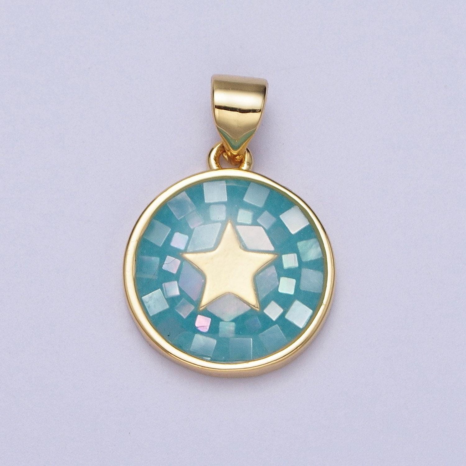 Dainty pink, green, blue white shell star pendant for celestial jewelry making supply in 24k gold filled