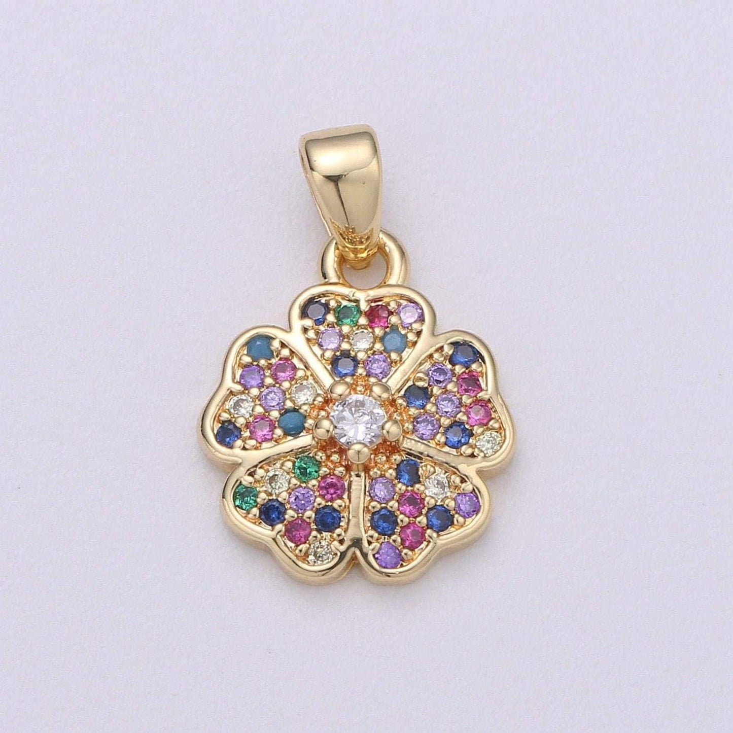 14k gold filled flower charm micro pave clover charm, rainbow cubic charms, cz gold colorful charm, dainty minimalist jewelry supply i-714