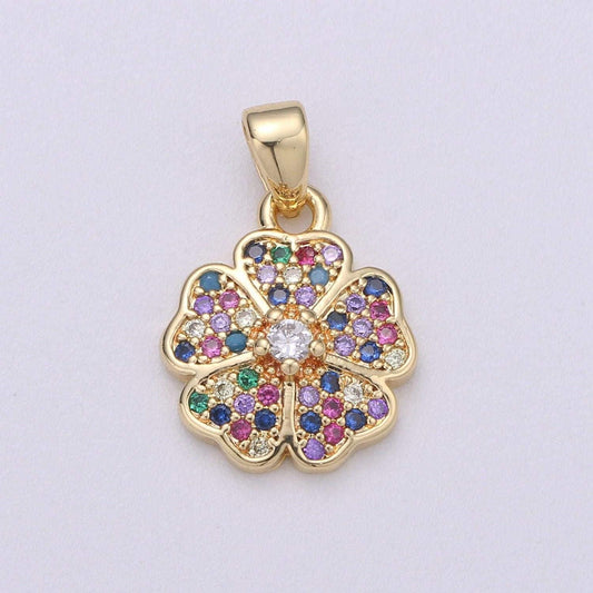 14k gold filled flower charm micro pave clover charm, rainbow cubic charms, cz gold colorful charm, dainty minimalist jewelry supply i-714