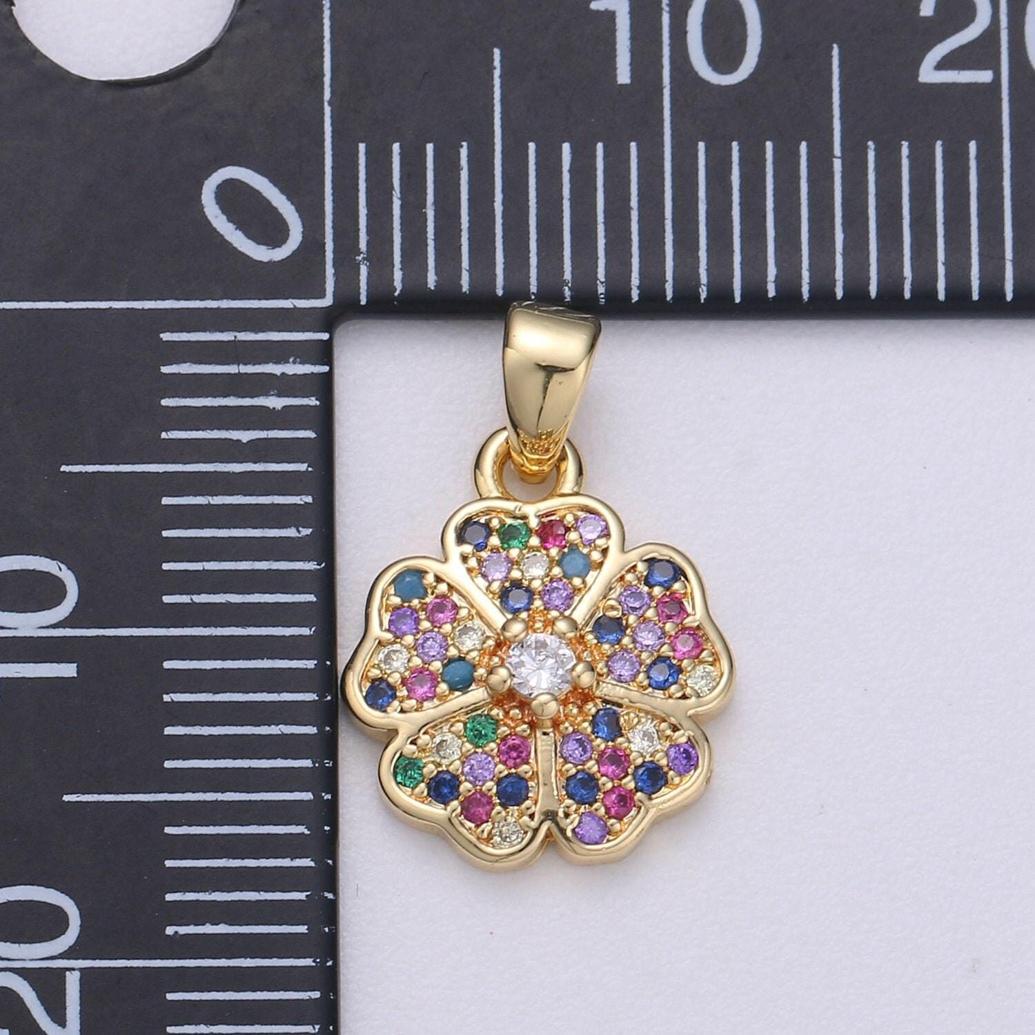 14k gold filled flower charm micro pave clover charm, rainbow cubic charms, cz gold colorful charm, dainty minimalist jewelry supply i-714