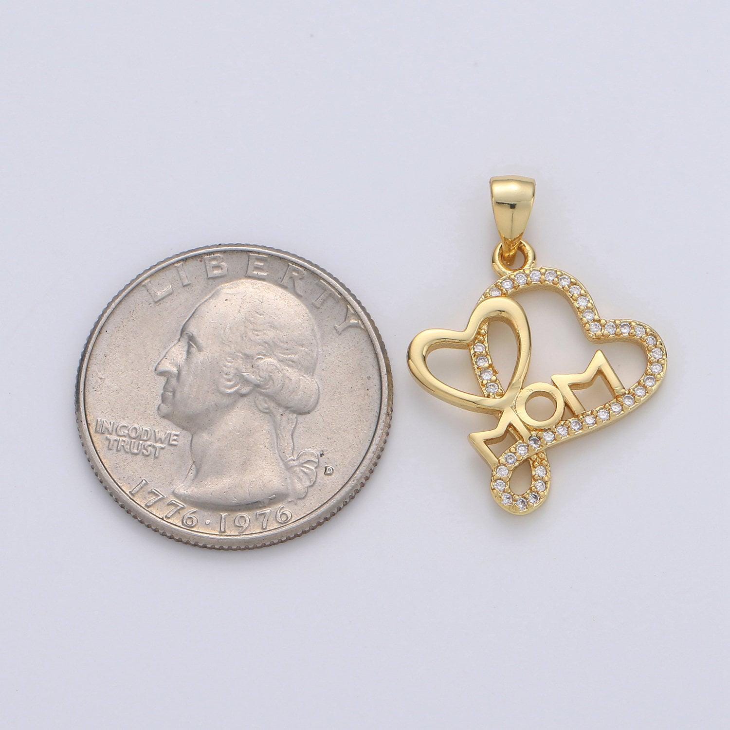 Dainty mom charm pendant, mother's day charms pendants, mom heart, 14k gold filled charm micro pave mom charm dangle pendant i-669