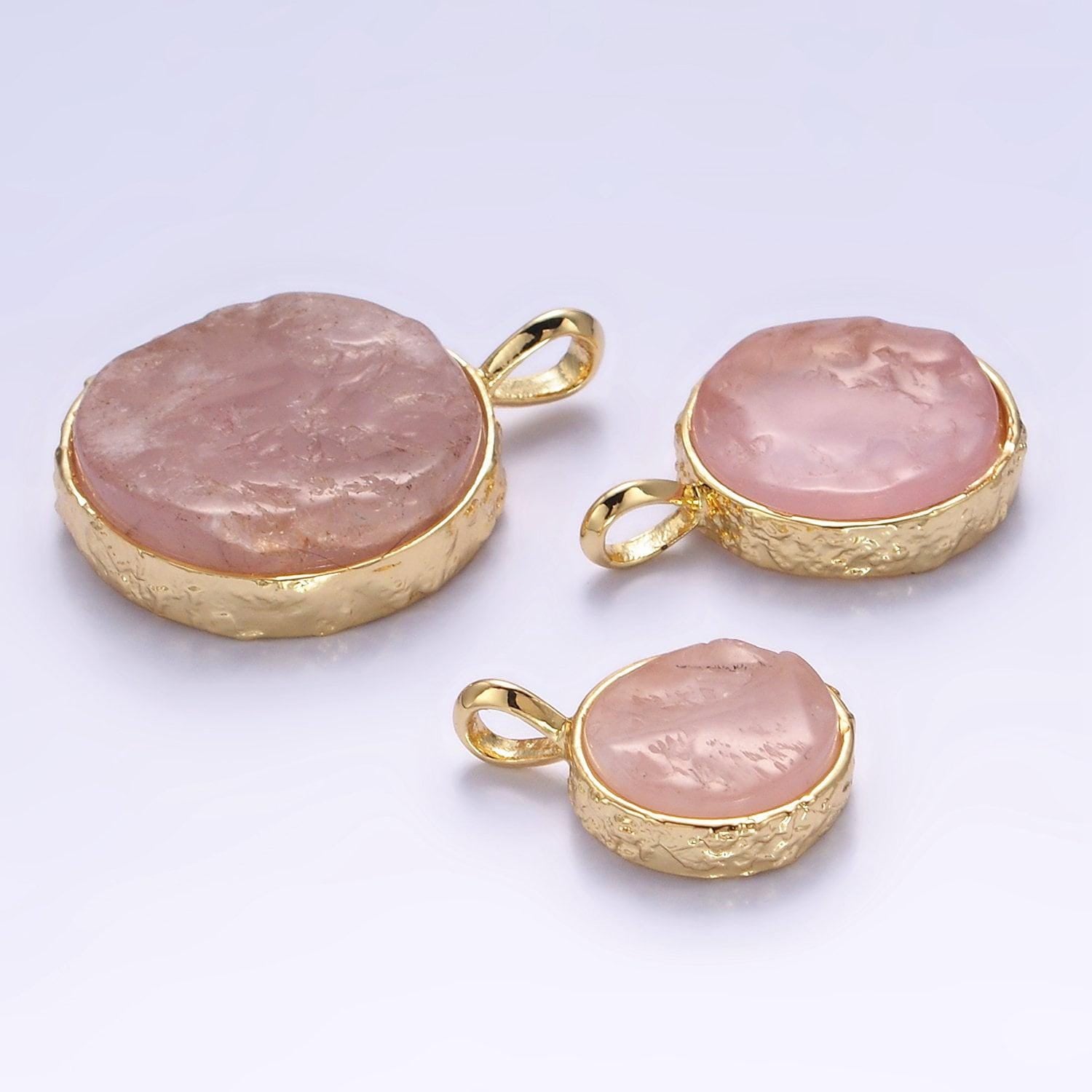 24k gold filled rose quartz round coin freeform gemstone with hammered bezel maximalist charm | i653 i654