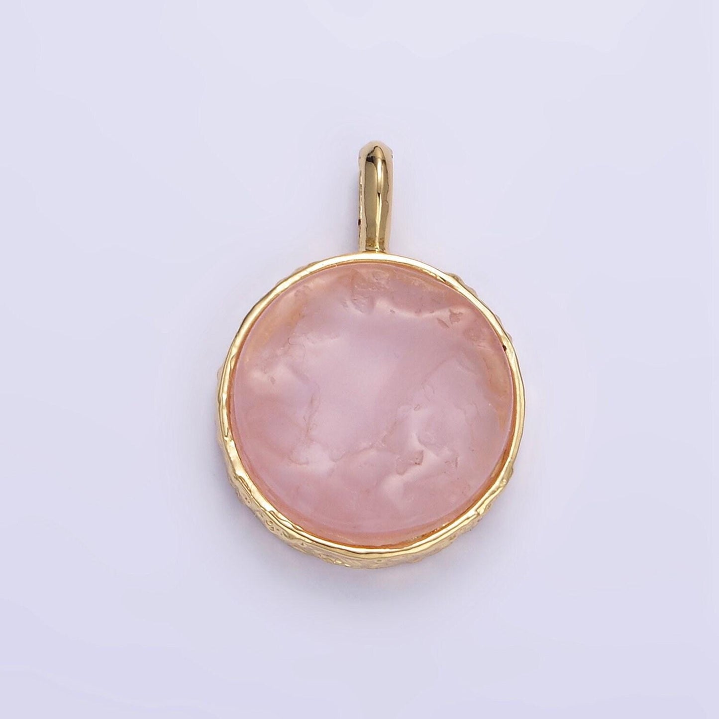 24k gold filled rose quartz round coin freeform gemstone with hammered bezel maximalist charm | i653 i654