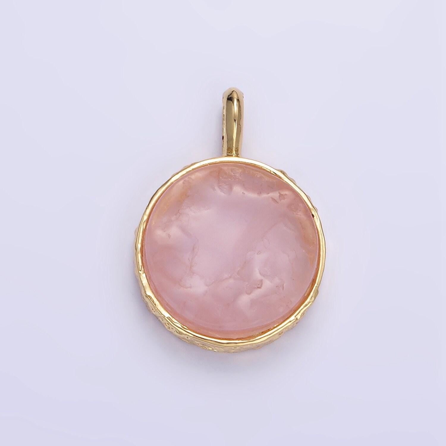 24k gold filled rose quartz round coin freeform gemstone with hammered bezel maximalist charm | i653 i654