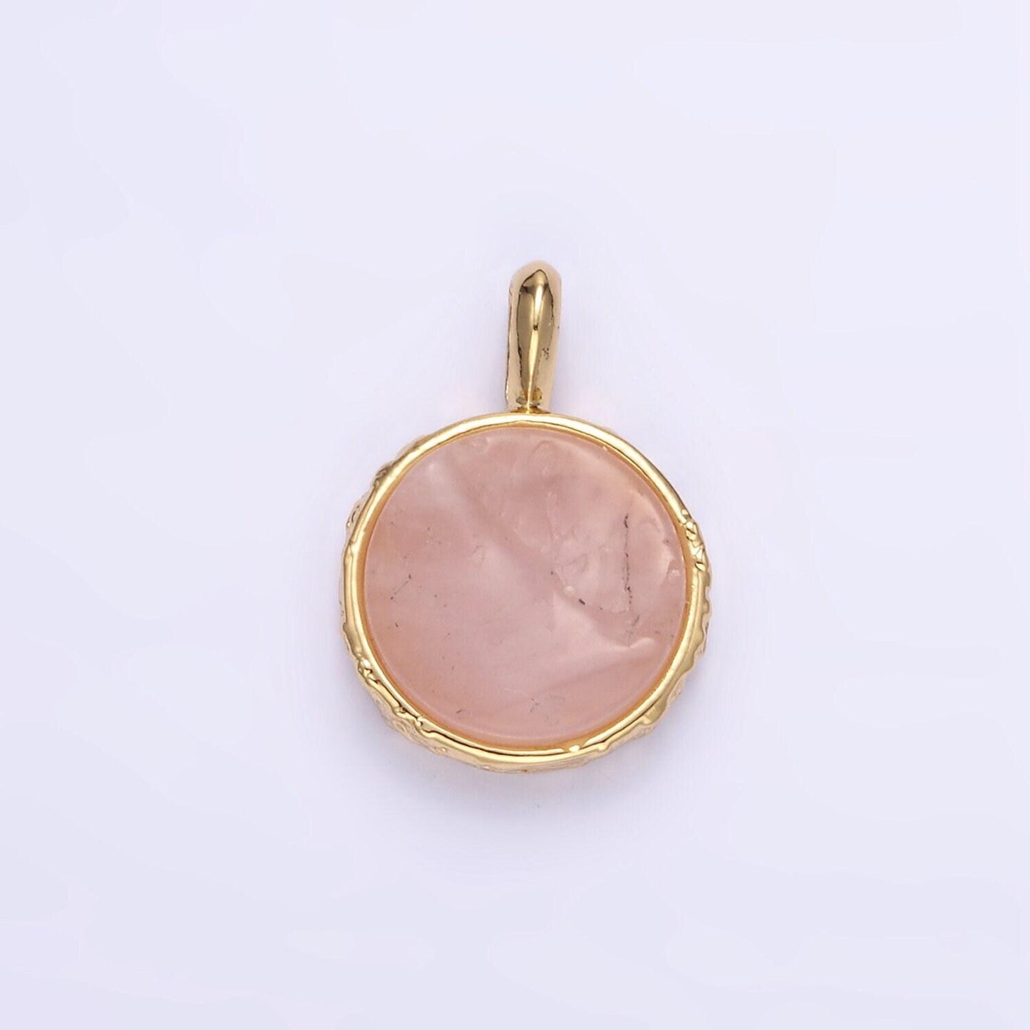 24k gold filled rose quartz round coin freeform gemstone with hammered bezel maximalist charm | i653 i654