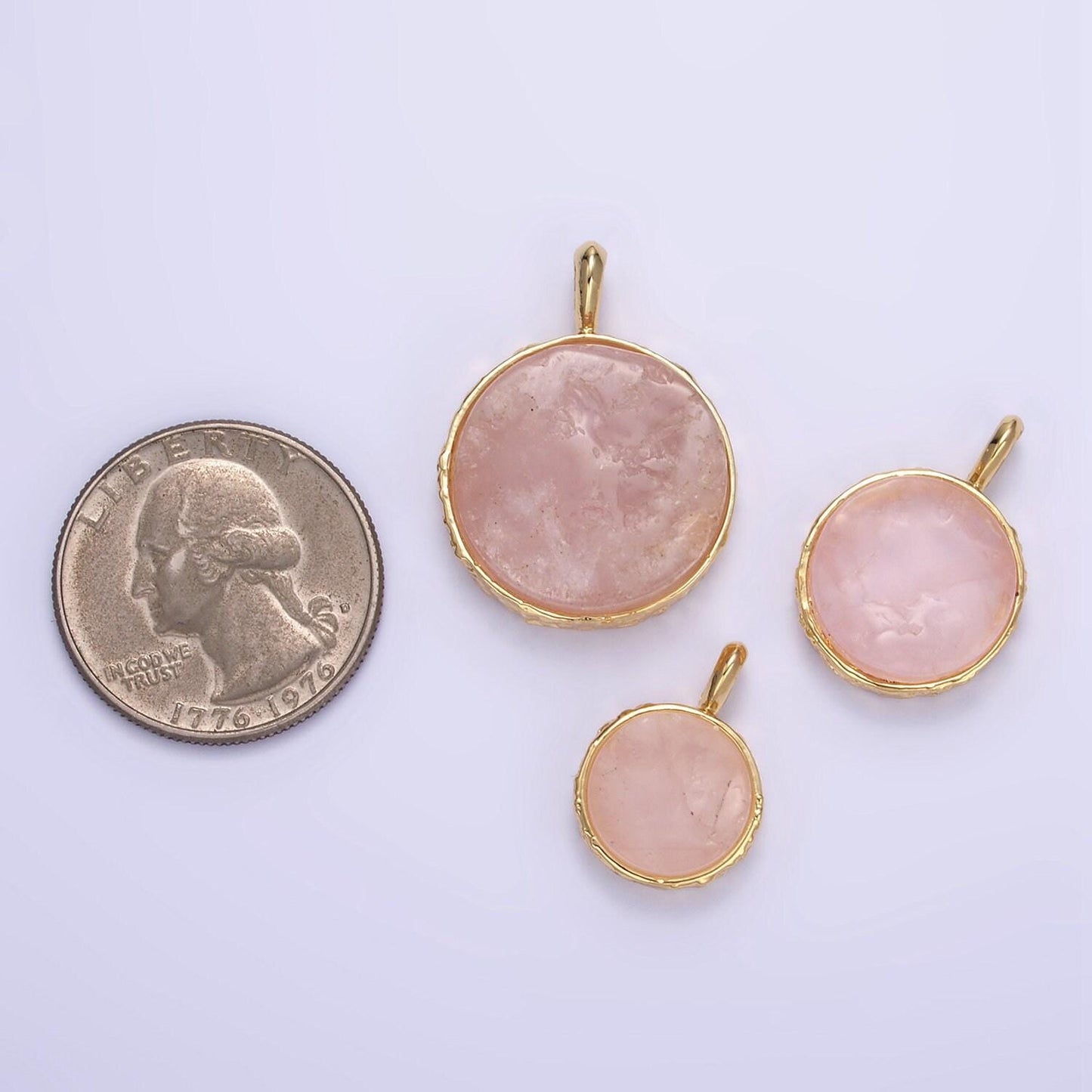 24k gold filled rose quartz round coin freeform gemstone with hammered bezel maximalist charm | i653 i654