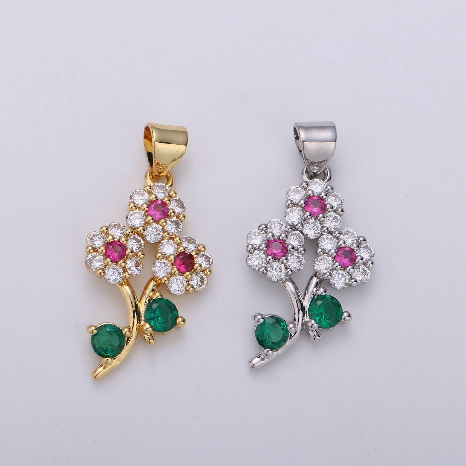 24k gold filled micro pave flower charm, silver cubic flower charm multi color pendant for necklace earring bracelet component i-601 i-602