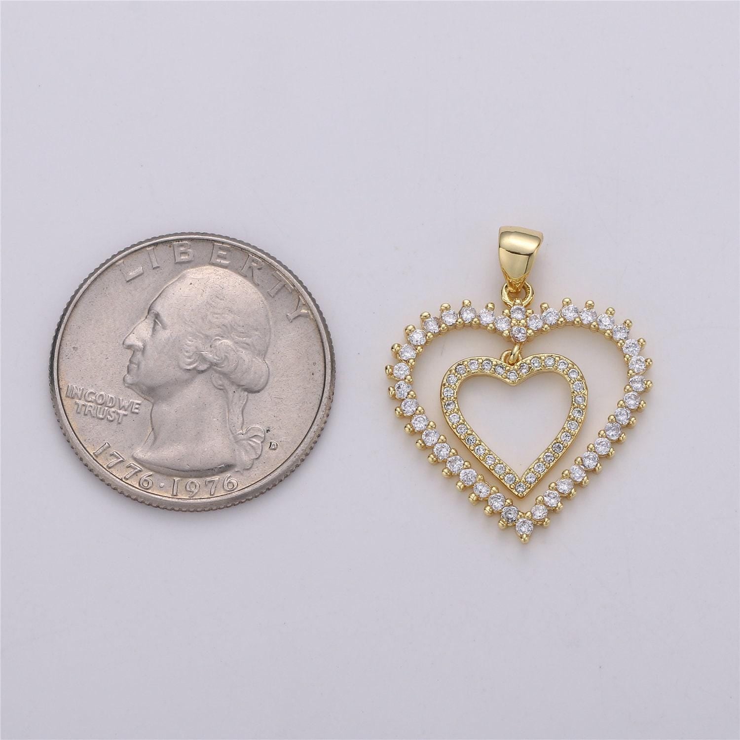 24k gold filled dainty dangle twin heart pendant with micro pave cubic zirconia cz stone for family lover necklace or bracelet i-594