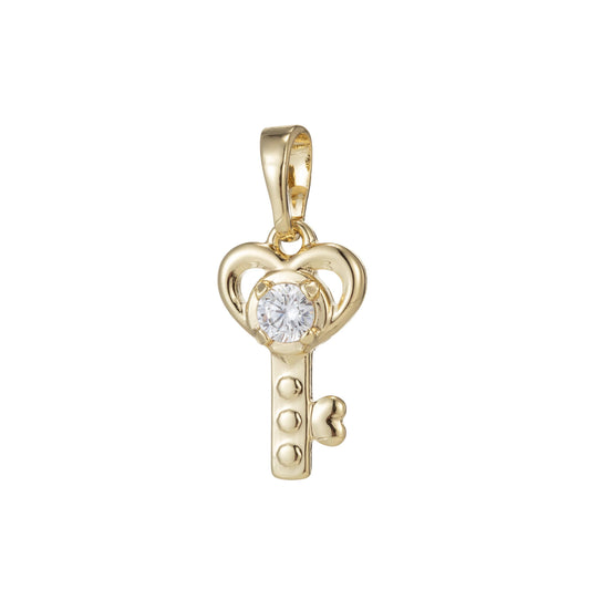 1pc 14k gold micro pave cz heart key pendant charm, micro pave cz key pendant charm, key pendant, for diy jewelry