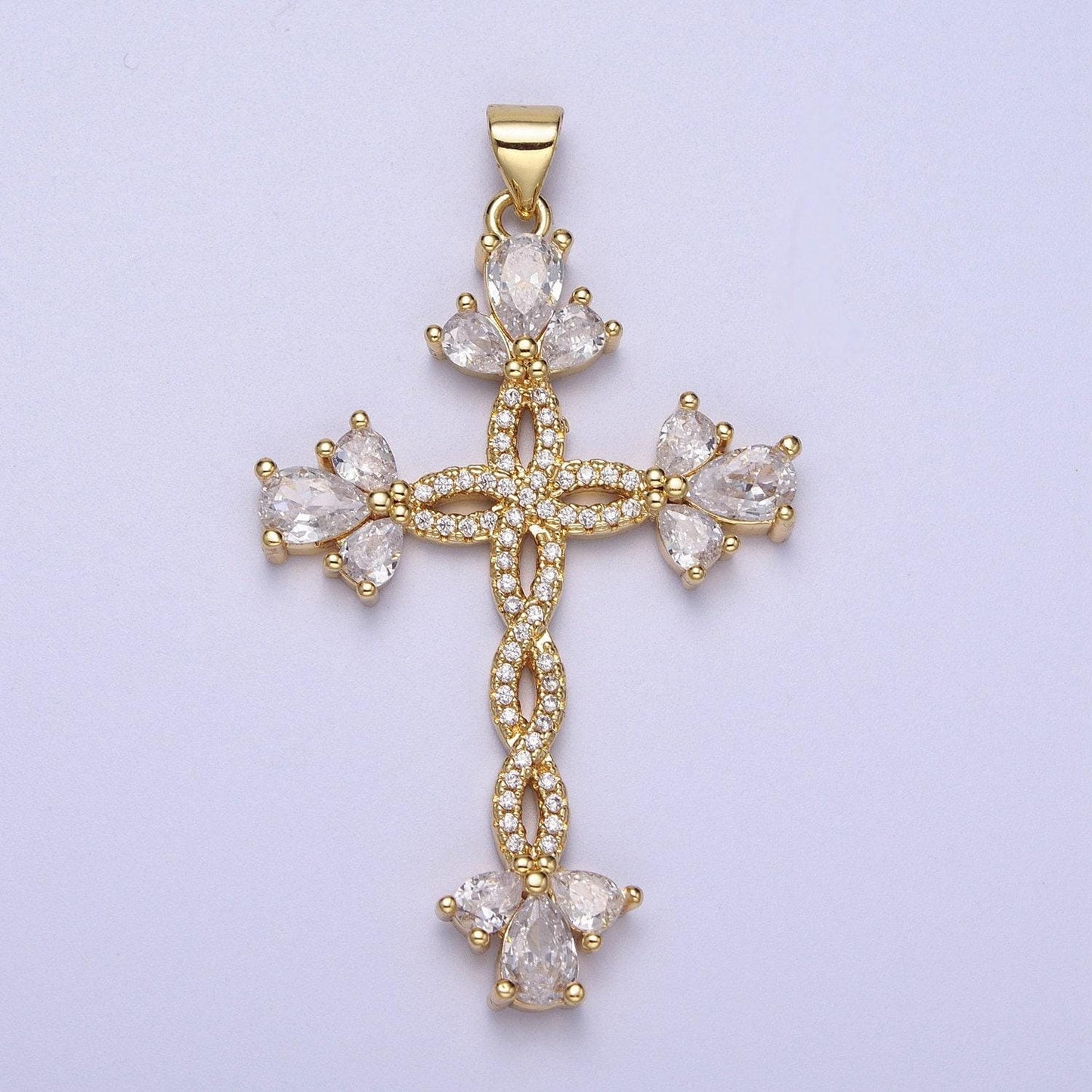 Micro paved marquise religious cross twist gold pendant for religious jewelry making pink, green, blue, clear cz | i440 i447 i508 i535