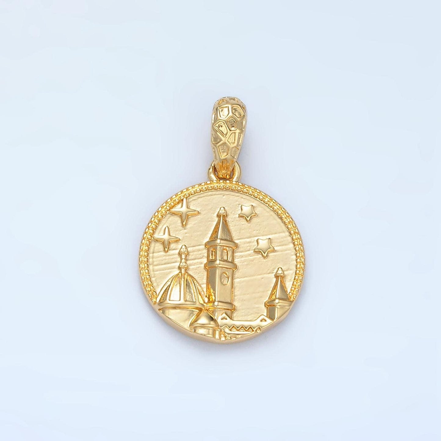 Mini gold round coin charm with castle star panoramic pendant i527