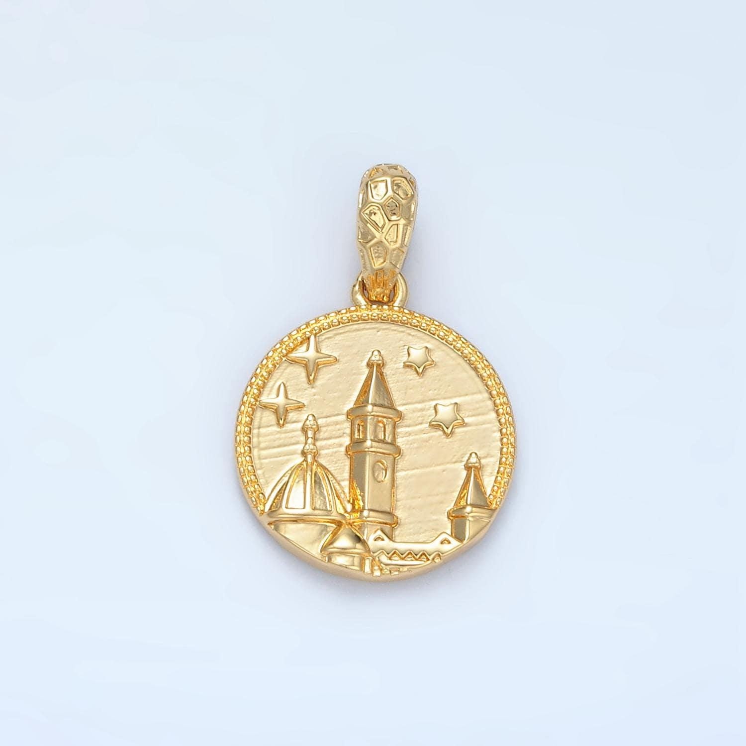 Mini gold round coin charm with castle star panoramic pendant i527