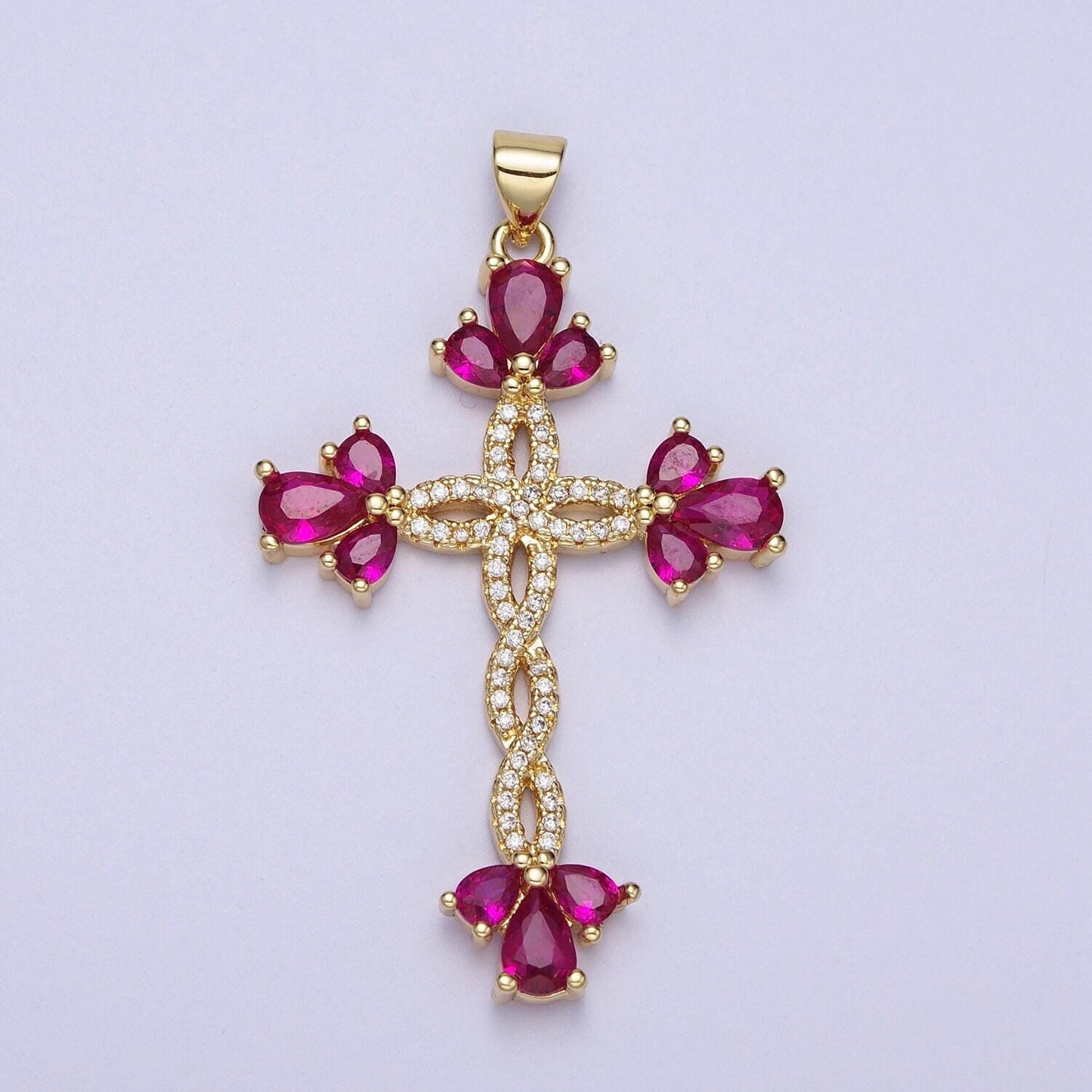 Micro paved marquise religious cross twist gold pendant for religious jewelry making pink, green, blue, clear cz | i440 i447 i508 i535