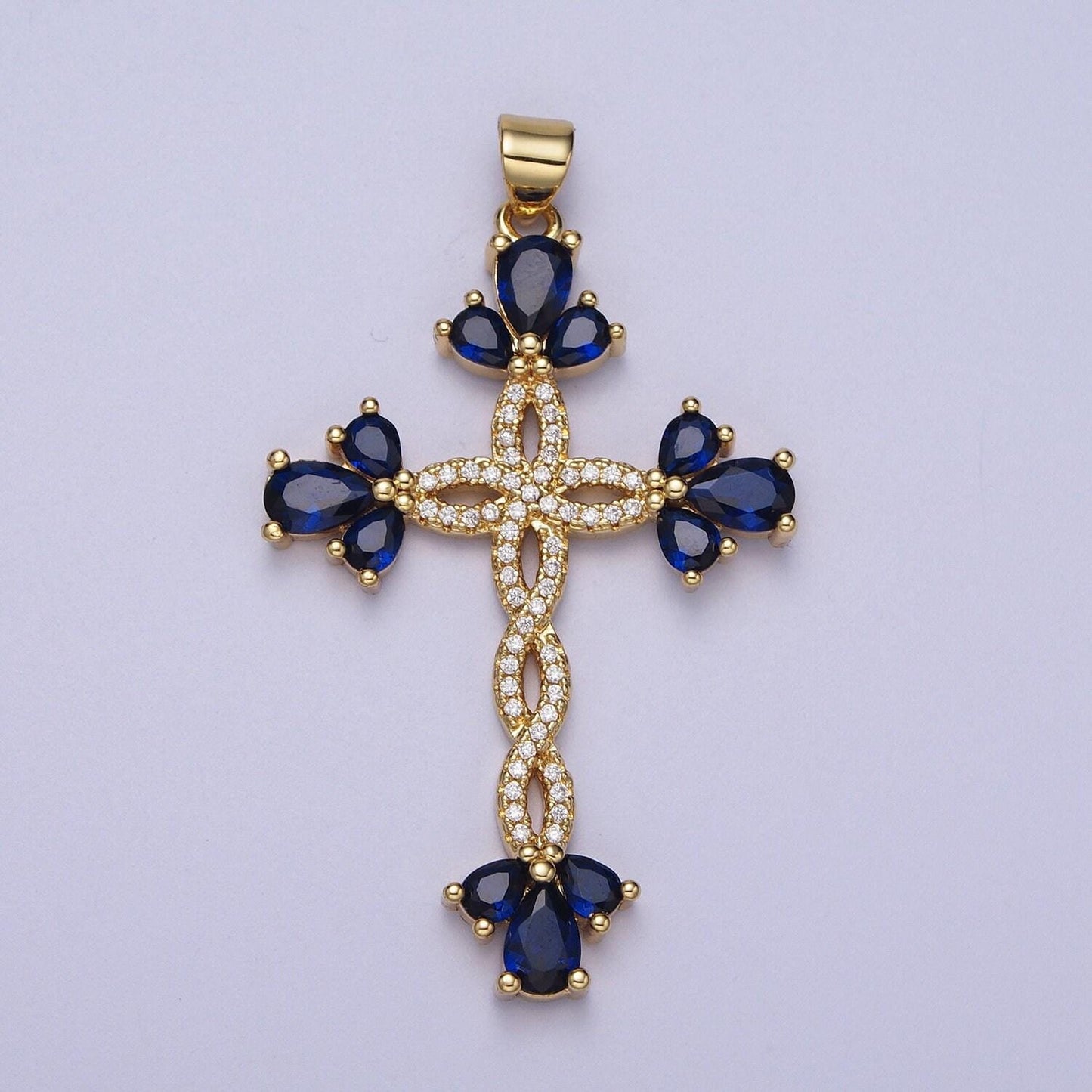 Micro paved marquise religious cross twist gold pendant for religious jewelry making pink, green, blue, clear cz | i440 i447 i508 i535