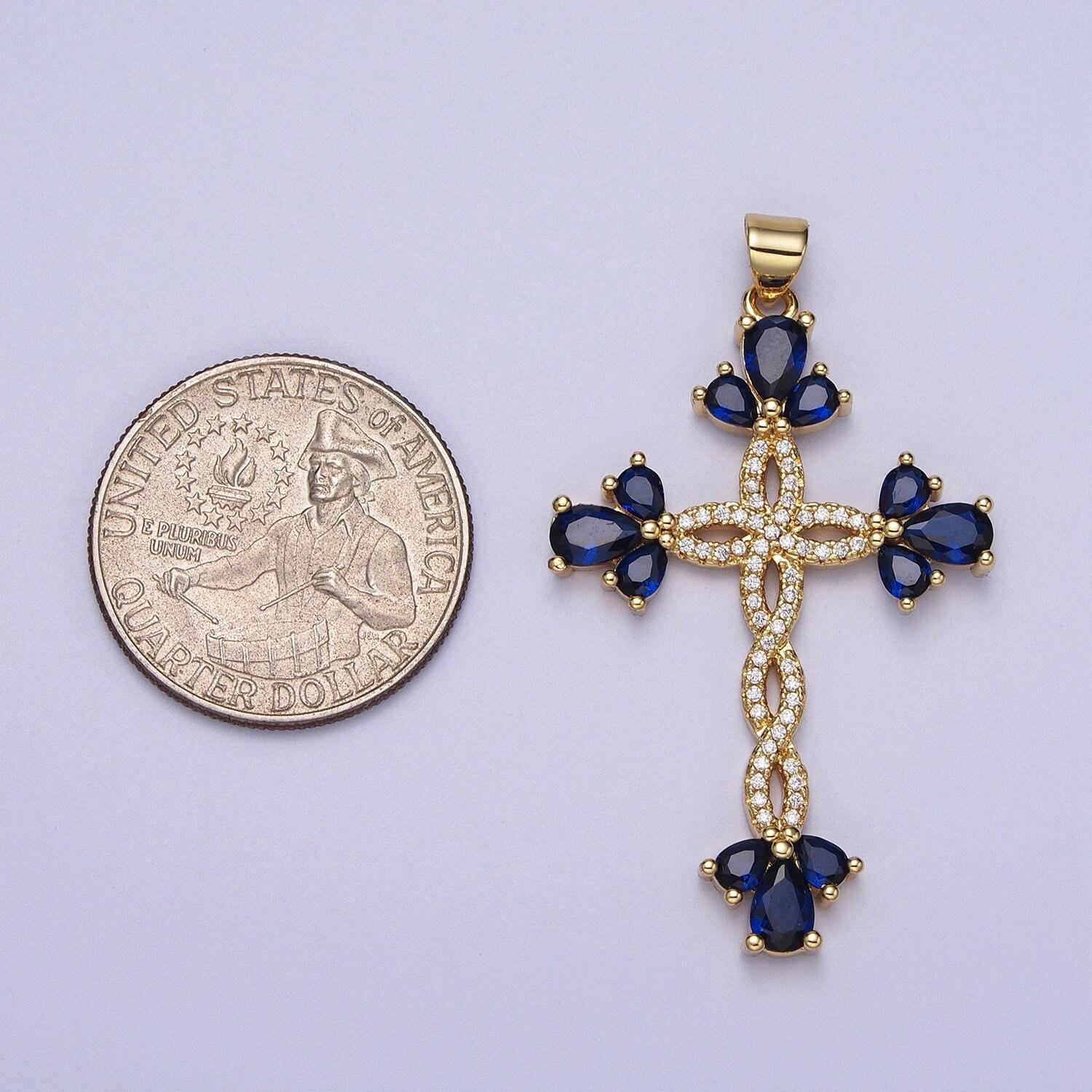 Micro paved marquise religious cross twist gold pendant for religious jewelry making pink, green, blue, clear cz | i440 i447 i508 i535