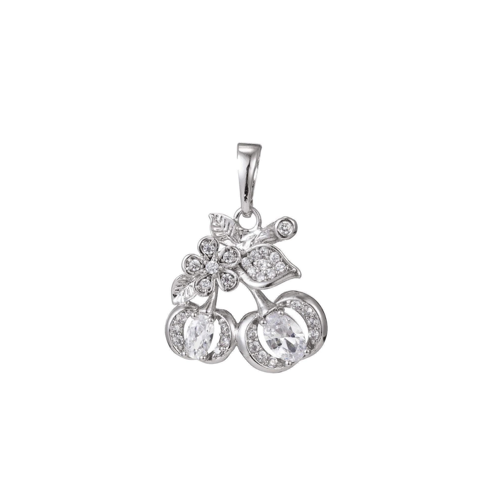 1pc white gold micro pave cz cherry pendant charm, micro pave cz cherry pendant charm, fruit pendant,for diy jewelry,pdgf-1331, 1393