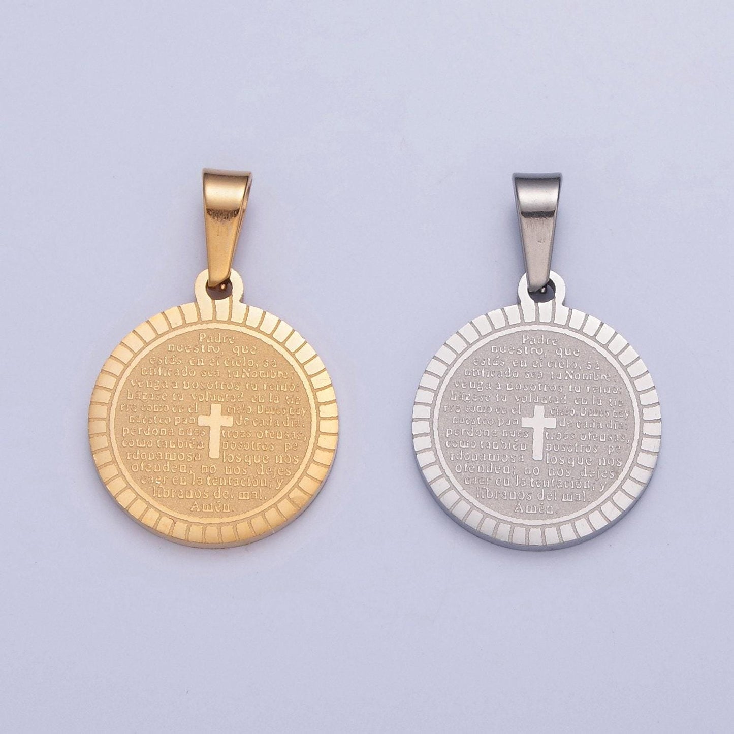Stainless steel round circle sunburst tiny cross charm spanish the lord's prayer padre nuestro for religious necklace pendant | i-439, i-444