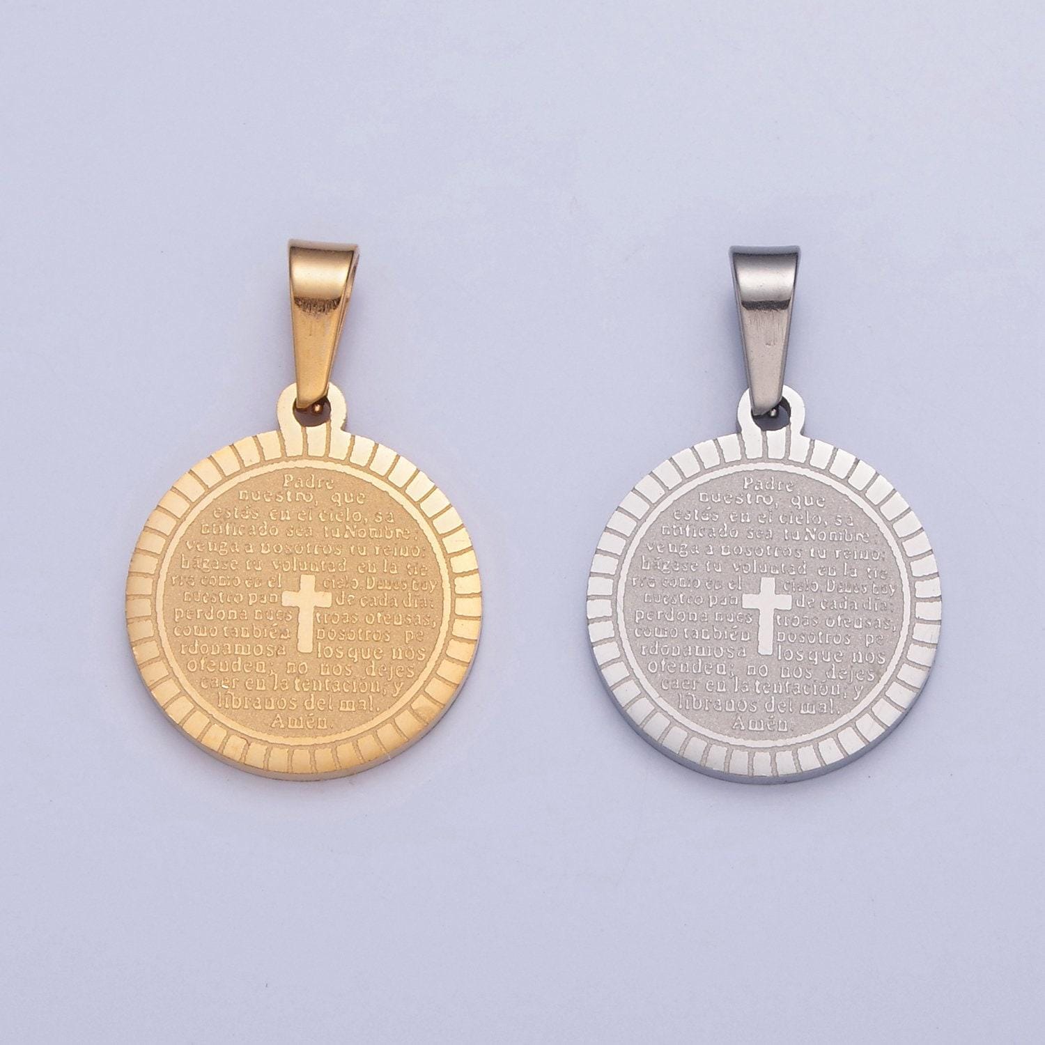 Stainless steel round circle sunburst tiny cross charm spanish the lord's prayer padre nuestro for religious necklace pendant | i-439, i-444