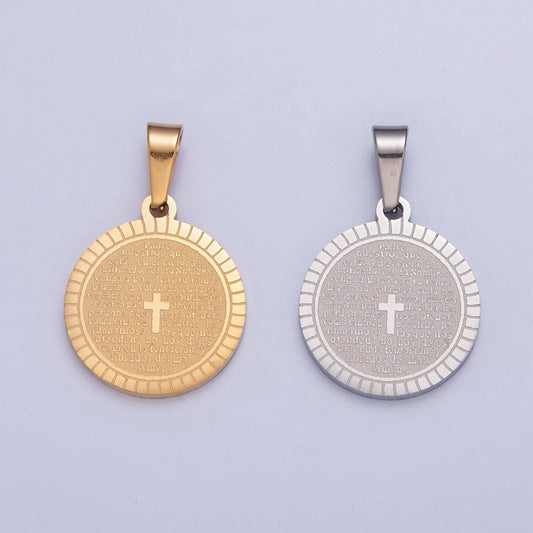Stainless steel round circle sunburst tiny cross charm spanish the lord's prayer padre nuestro for religious necklace pendant | i-439, i-444