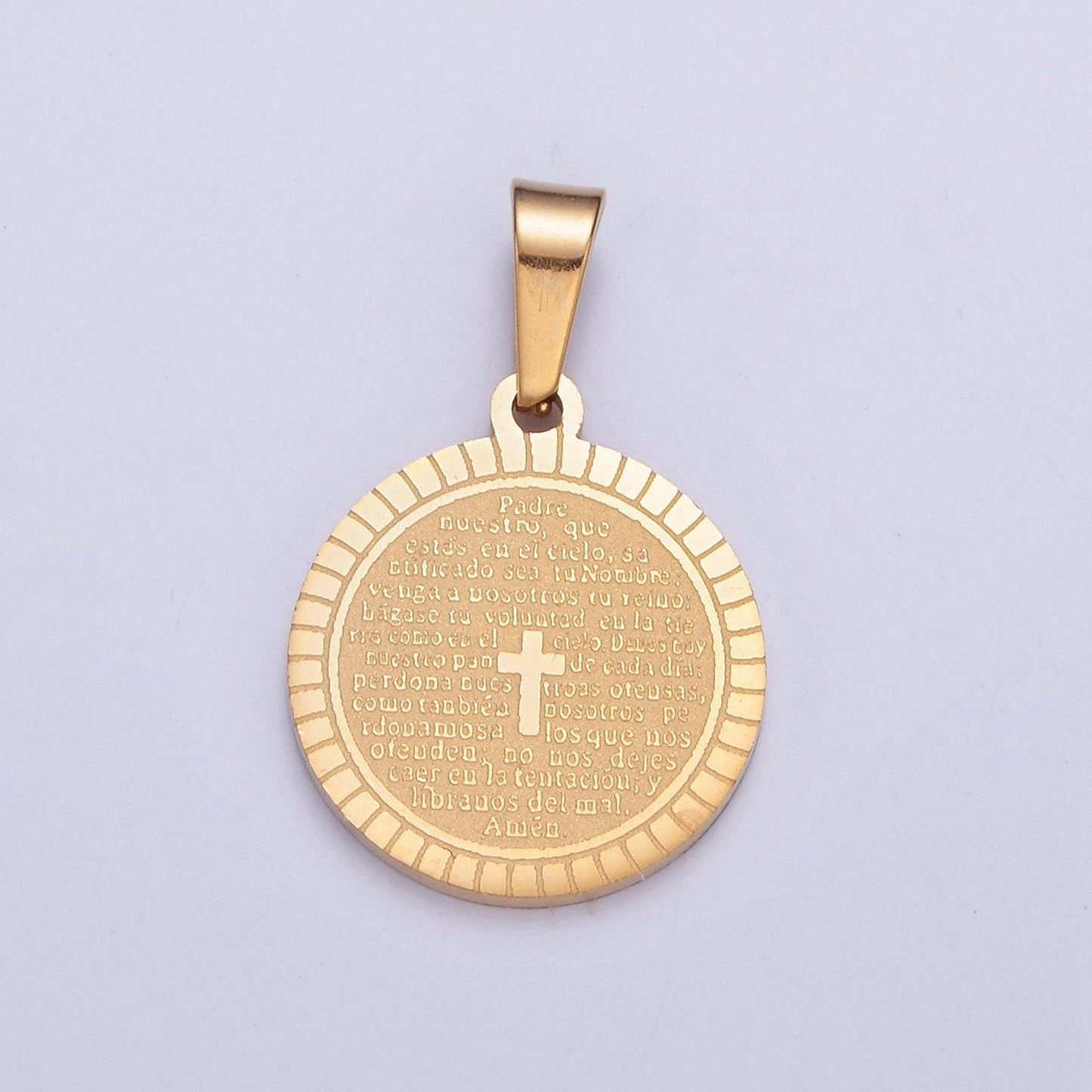 Stainless steel round circle sunburst tiny cross charm spanish the lord's prayer padre nuestro for religious necklace pendant | i-439, i-444